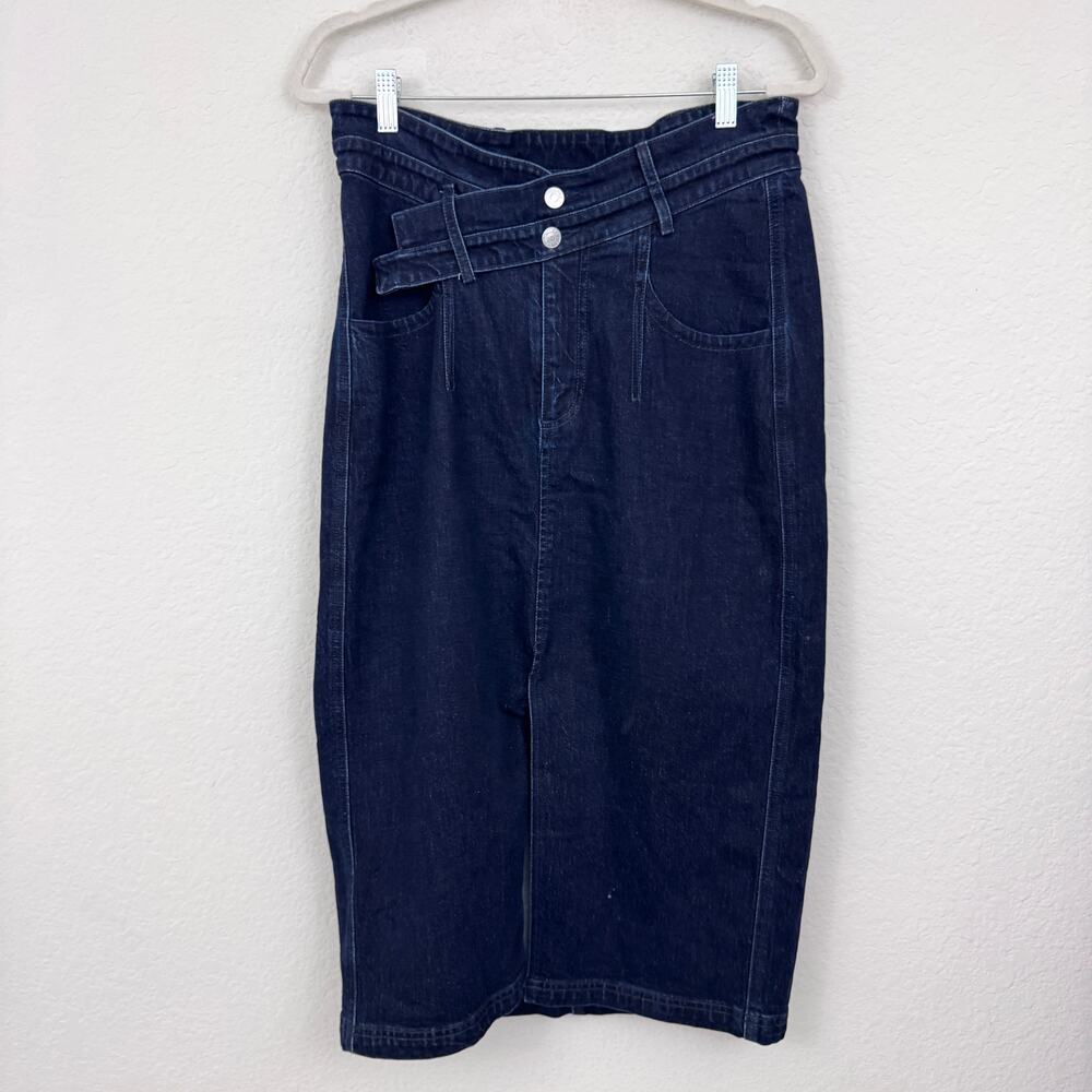 Anthropologie Pilcro Womens The Arden Denim Midi Skirt Size 12 Slit Cotton Blue